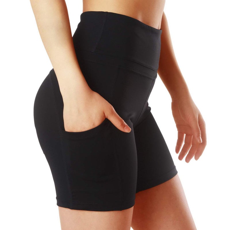 ChinFun Yoga Shorts for Women High Waist Tummy Control 4 Way Stretch Workout Running Shorts Side Pockets Black Size L - Image 1